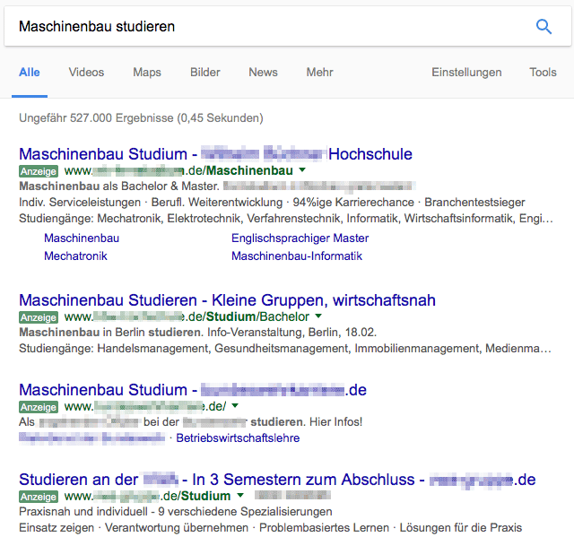 Google Ads Anzeigen von Hochschulen